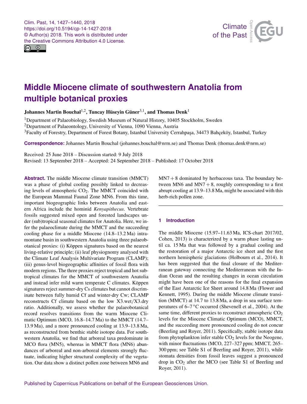 Middle Miocene Climate of Southwestern Anatolia from Multiple Botanical Proxies