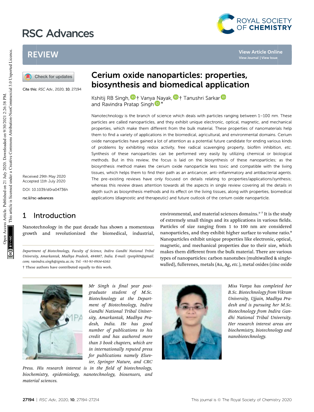 Cerium Oxide Nanoparticles: Properties, Biosynthesis And