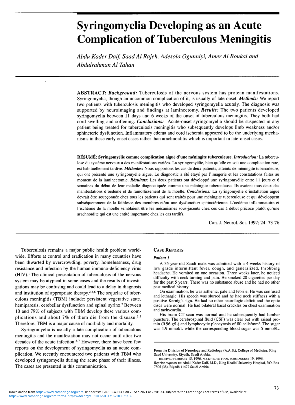 Syringomyelia Developing As an Acute Complication of Tuberculous Meningitis