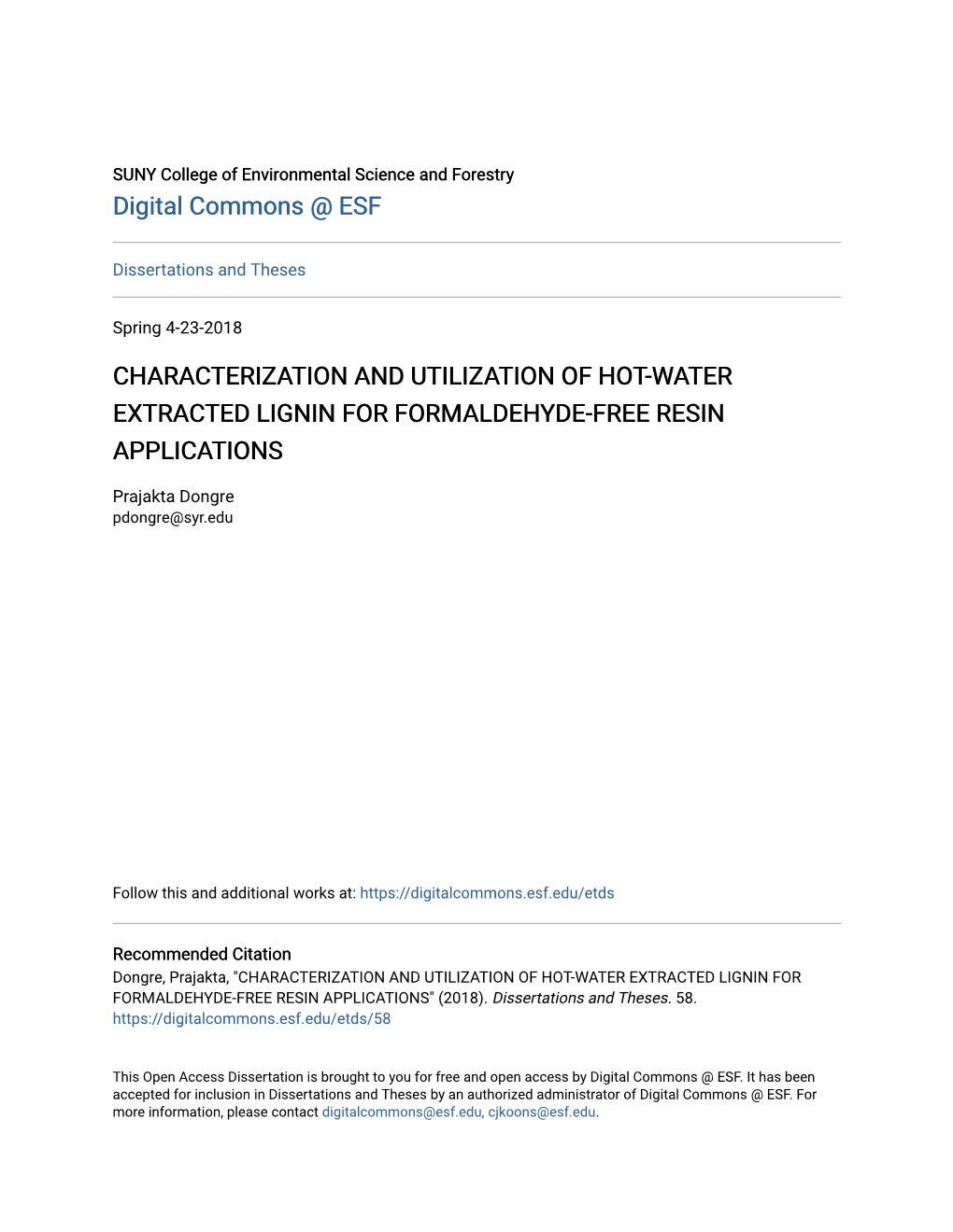 Characterization and Utilization of Hot-Water Extracted Lignin for Formaldehyde-Free Resin Applications