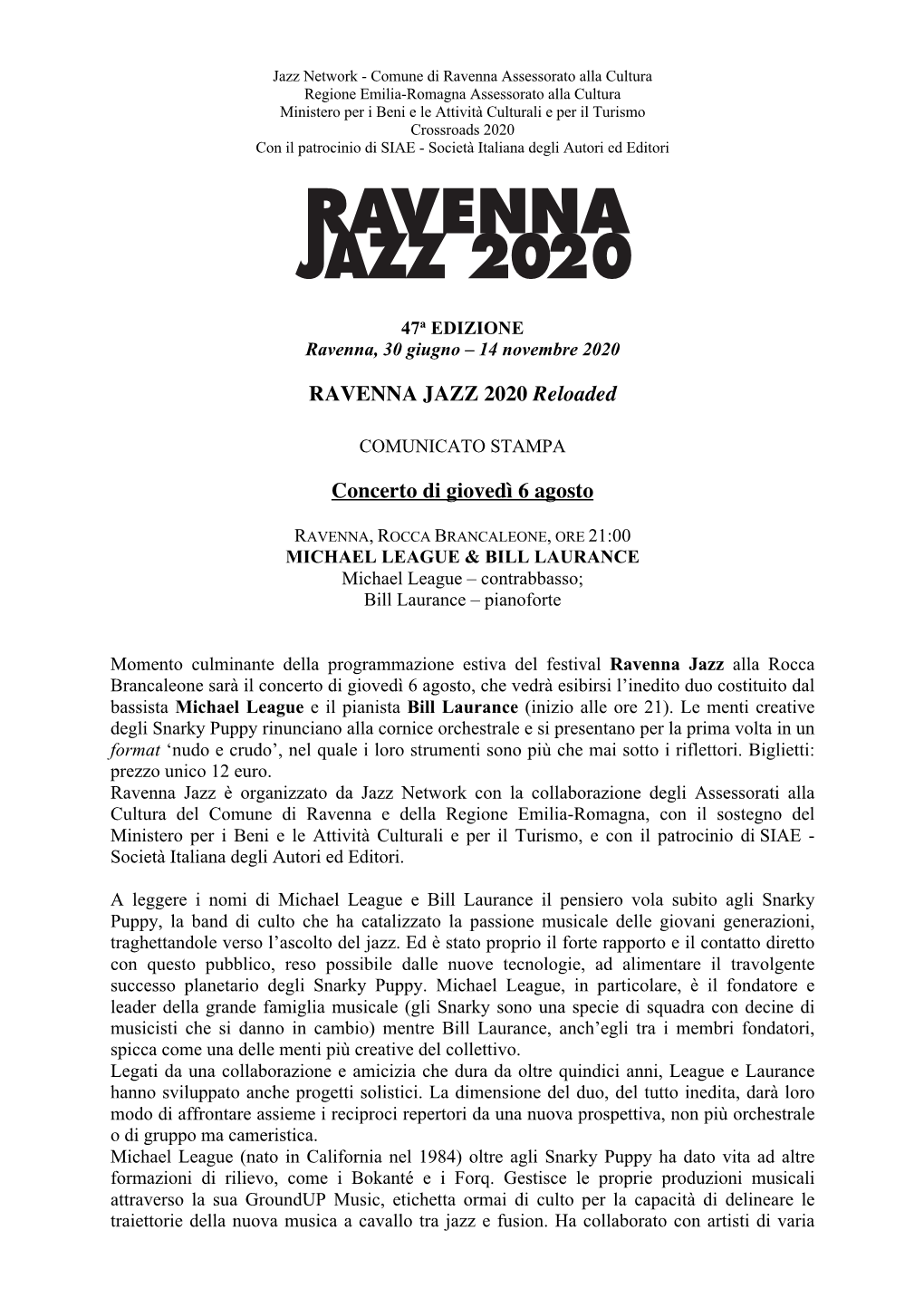 RAVENNA JAZZ 2020 Reloaded Concerto Di Giovedì 6