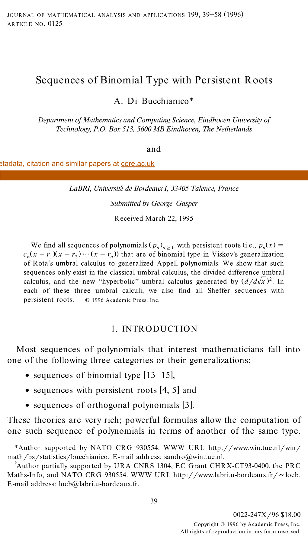 Sequences of Binomial Type with Persistent Roots