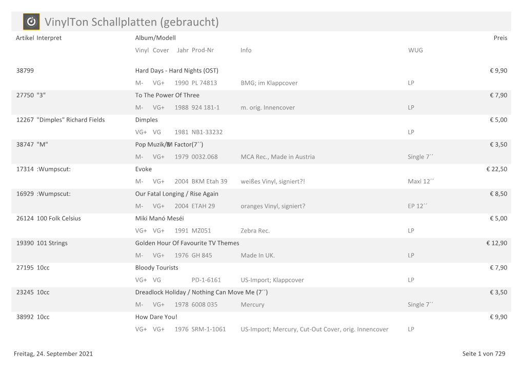 Vinylton Schallplatten (Gebraucht) Artikel Interpret Album/Modell Preis Vinyl Cover Jahr Prod-Nr Info WUG