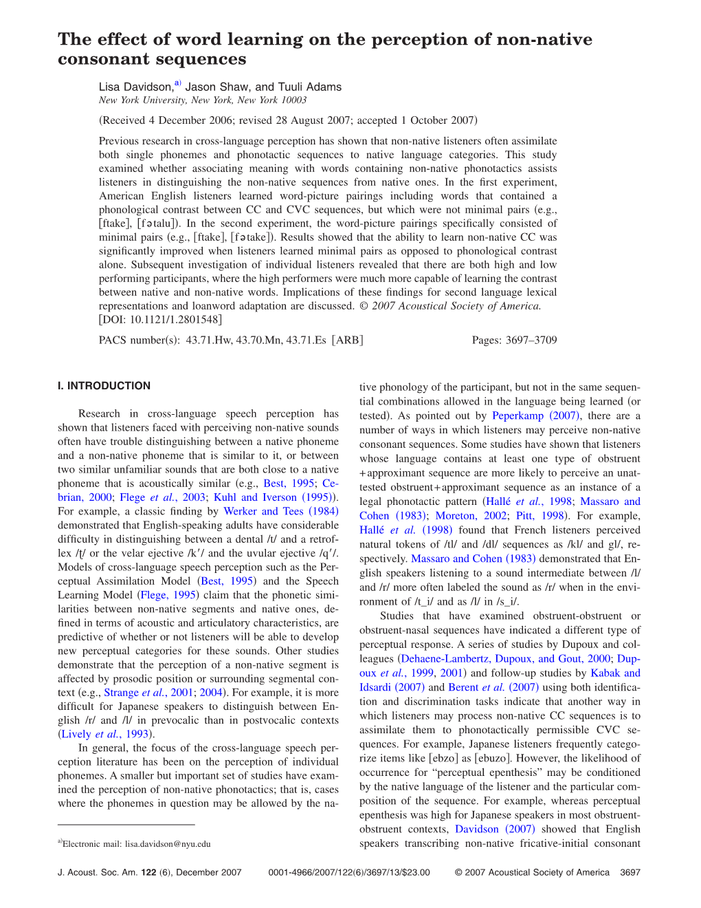 The Effect of Word Learning on the Perception of Non-Native Consonant Sequences