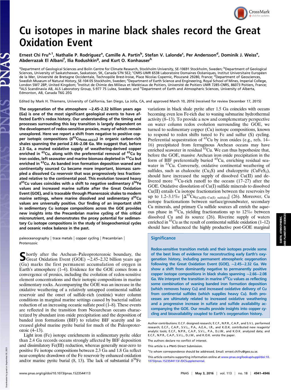 Cu Isotopes in Marine Black Shales Record the Great Oxidation Event