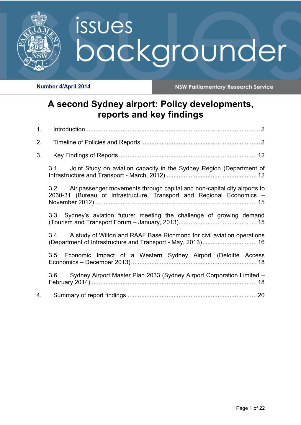 A Second Sydney Airport: Policy Developments, Reports and Key Findings