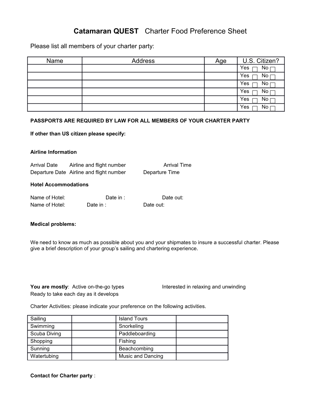 Sojourn Yacht Charters Food Preference Sheet