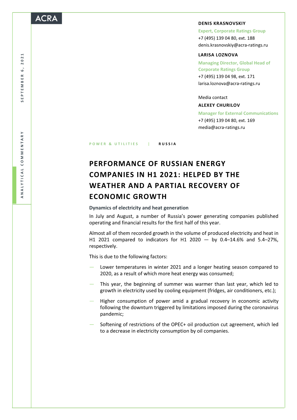Performance of Russian Energy Companies in H1 2021: Helped by the Weather and a Partial Recovery Of