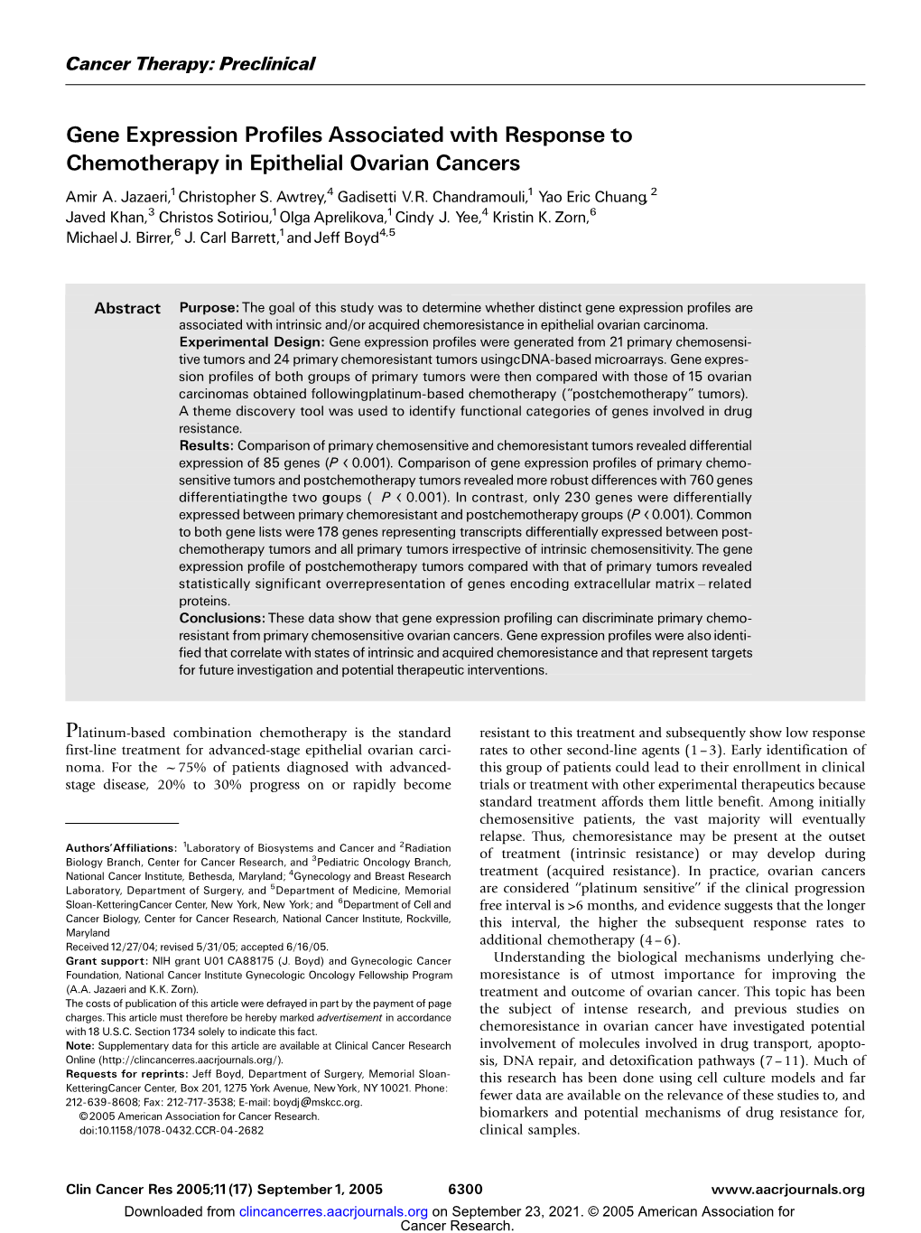 Gene Expression Profiles Associated with Response to Chemotherapy in Epithelial Ovarian Cancers Amir A