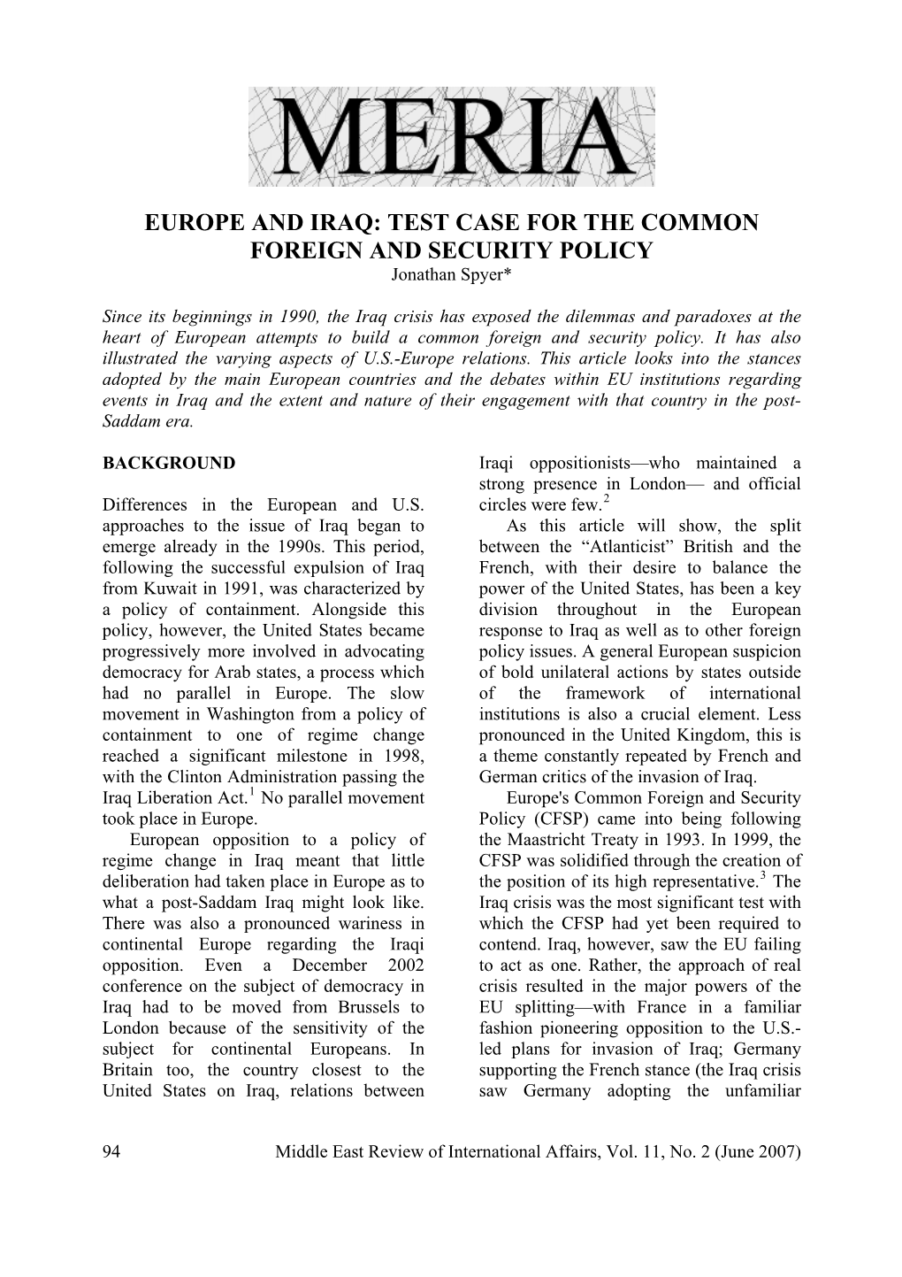 Europe and Iraq: Test Case for the Common Foreign and Security Policy -- MERIA -- June 2007 (Vol. 11, No. 2)