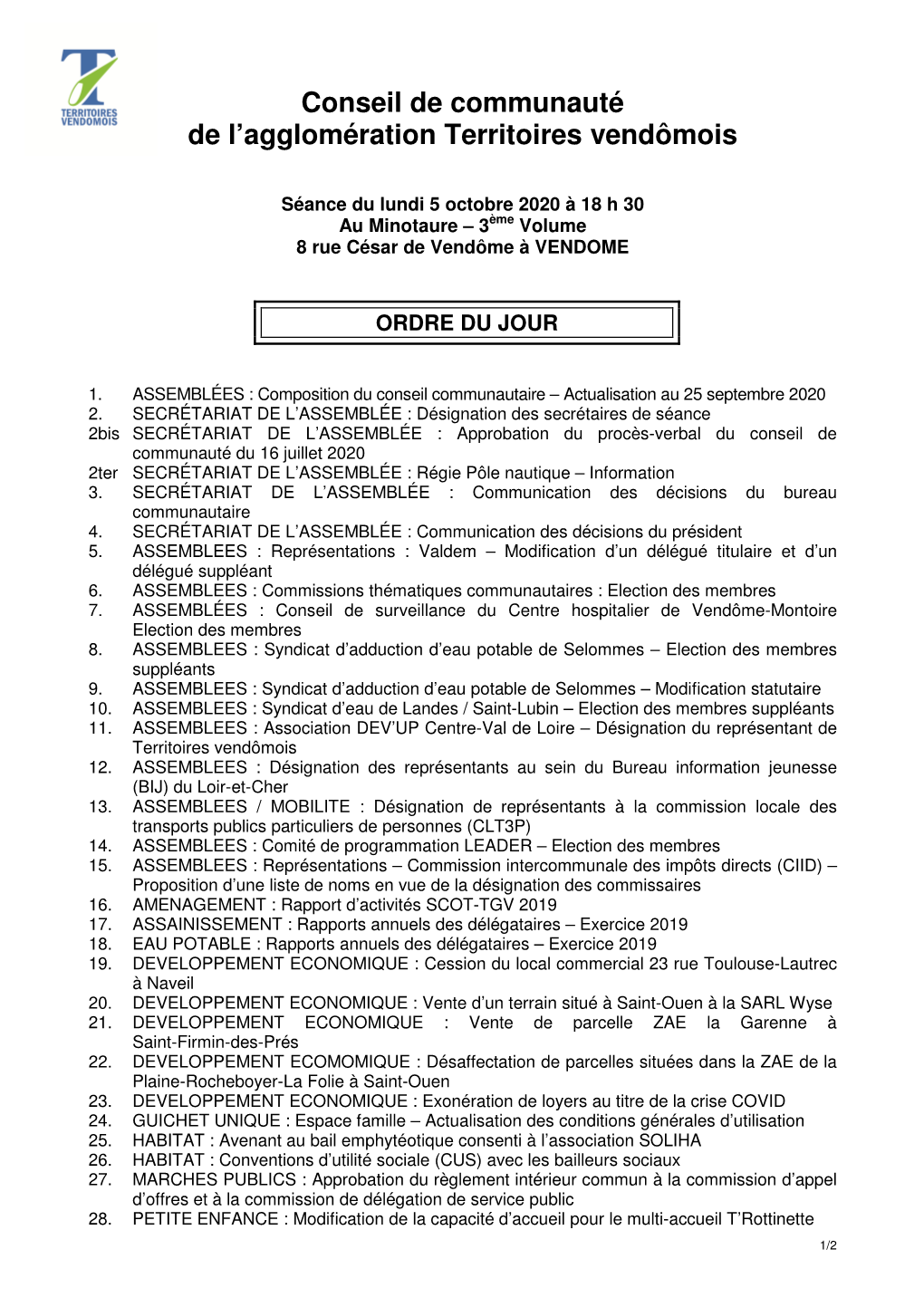 Conseil De Communauté De L'agglomération Territoires Vendômois