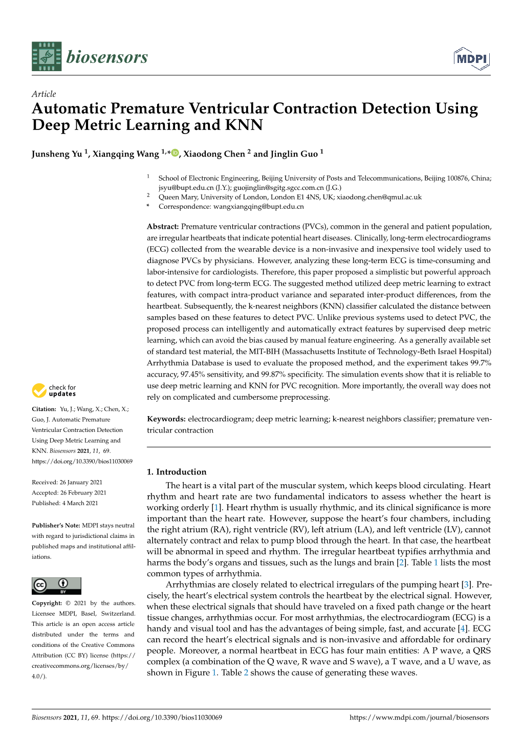 Automatic Premature Ventricular Contraction Detection Using Deep Metric Learning and KNN