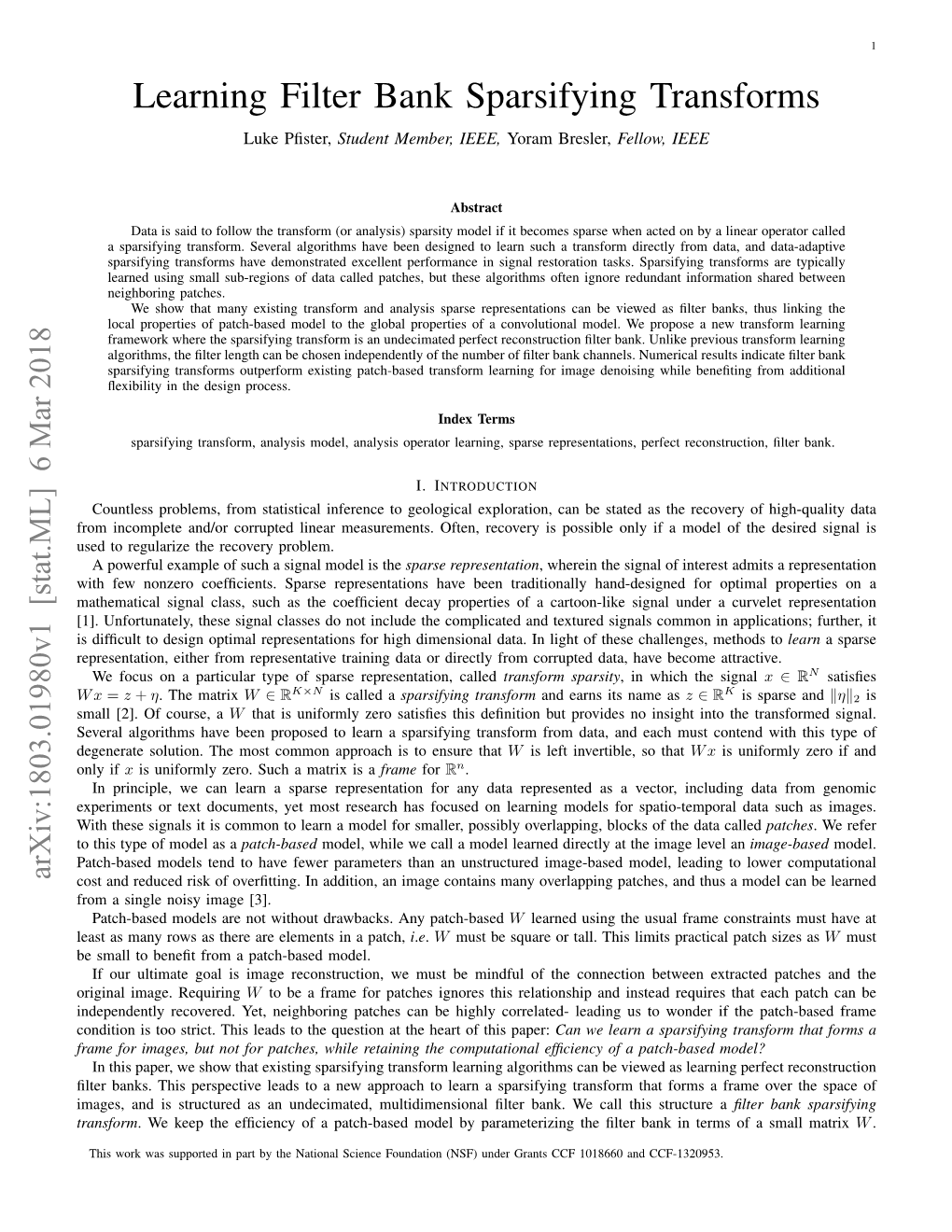 Learning Filter Bank Sparsifying Transforms Luke Pﬁster, Student Member, IEEE, Yoram Bresler, Fellow, IEEE