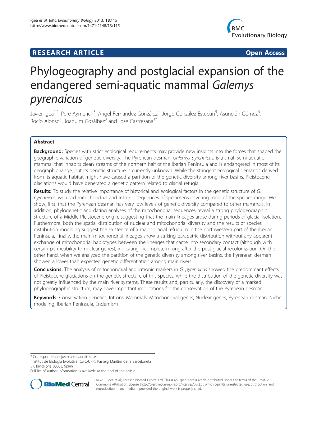 Phylogeography and Postglacial Expansion of the Endangered Semi-Aquatic Mammal Galemys Pyrenaicus