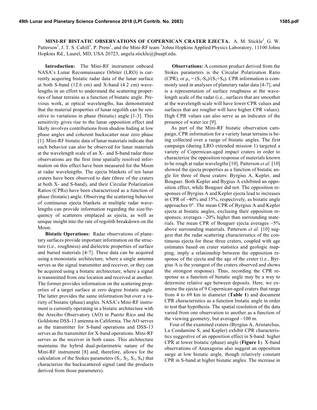 Mini-Rf Bistatic Observations of Copernican Crater Ejecta