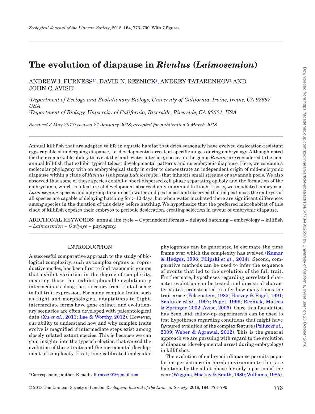 The Evolution of Diapause in Rivulus (Laimosemion)