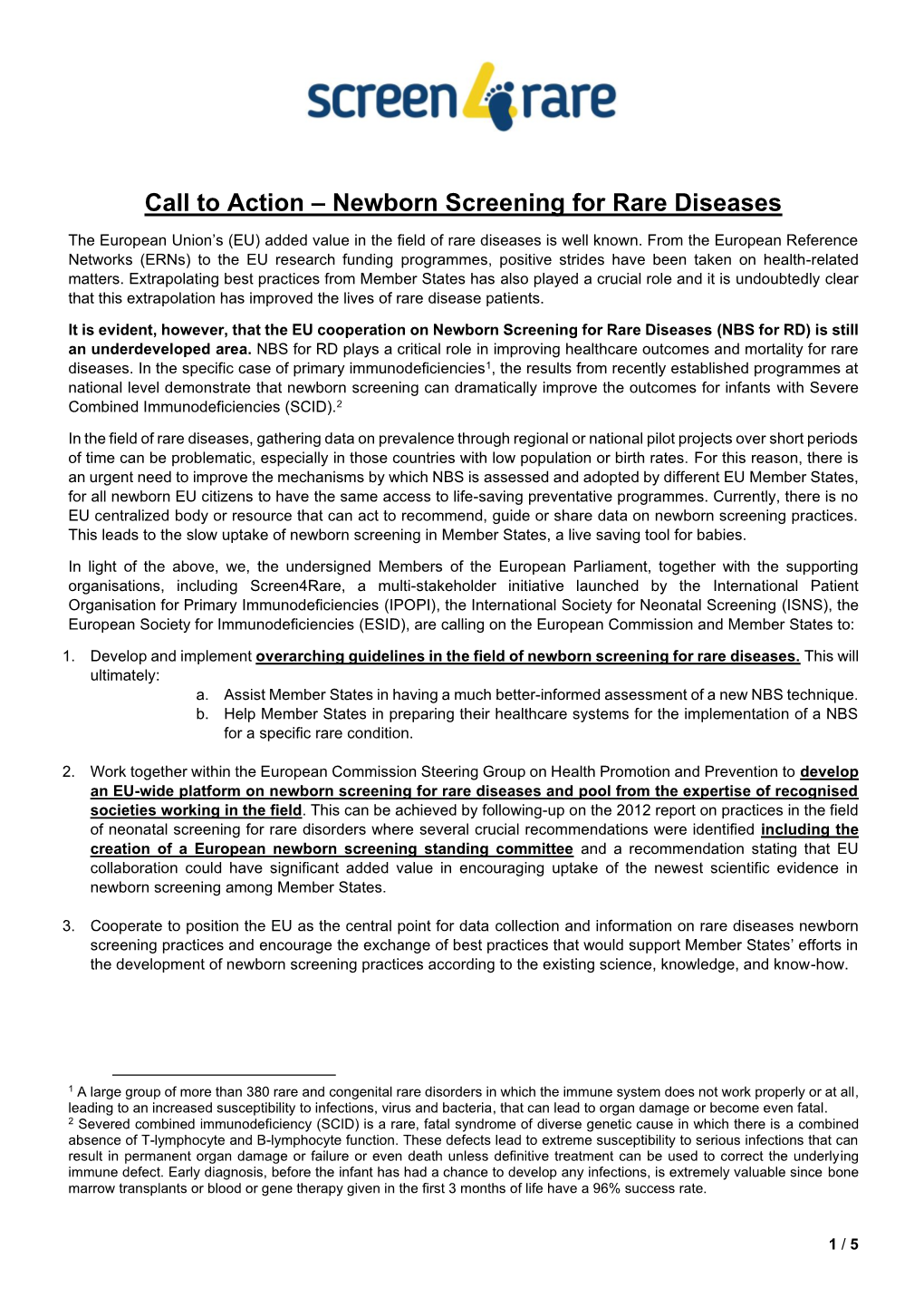 Call to Action – Newborn Screening for Rare Diseases