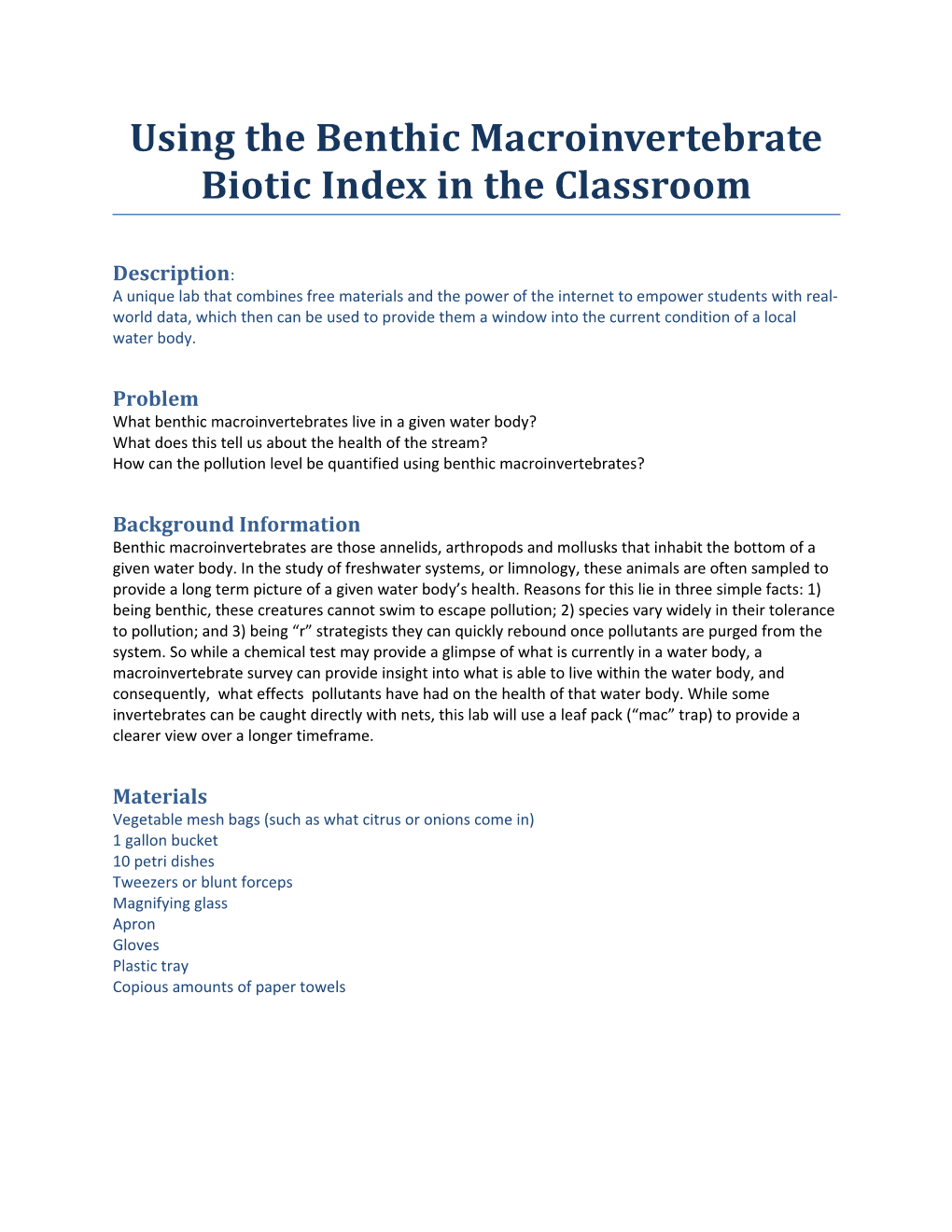 Using the Benthic Macroinvertebrate Biotic Index in the Classroom