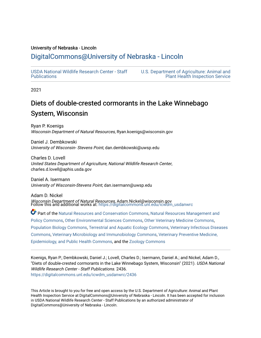 Diets of Double-Crested Cormorants in the Lake Winnebago System, Wisconsin