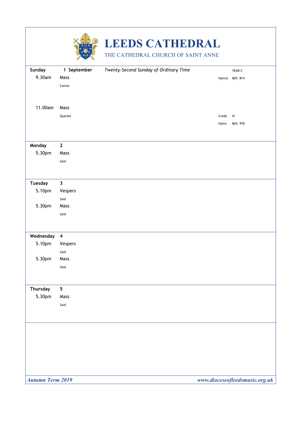 Leeds Cathedral Autumn Term Music List