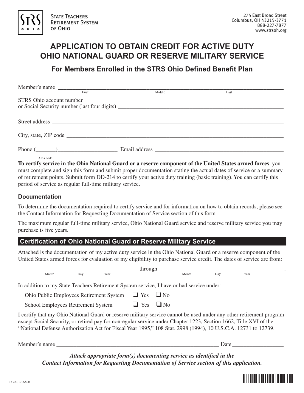 OHIO NATIONAL GUARD OR RESERVE MILITARY SERVICE for Members Enrolled in the STRS Ohio Defined Benefit Plan