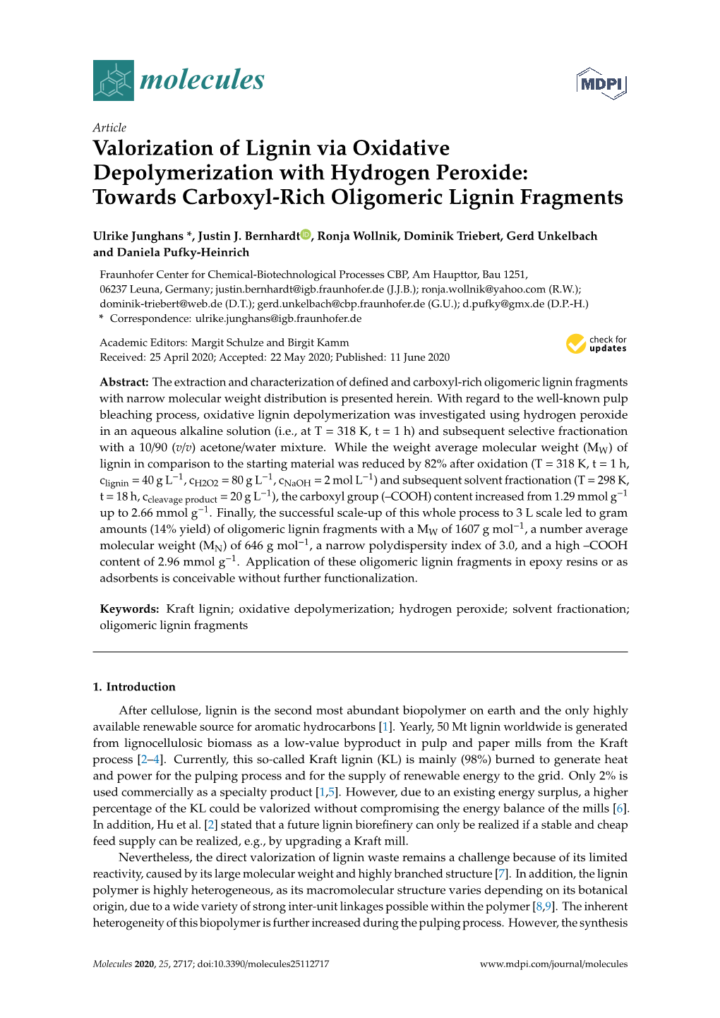 Valorization of Lignin Via Oxidative Depolymerization with Hydrogen Peroxide: Towards Carboxyl-Rich Oligomeric Lignin Fragments