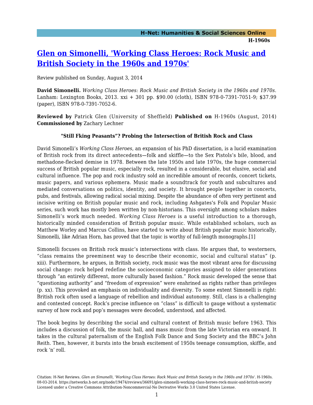 Glen on Simonelli, 'Working Class Heroes: Rock Music and British Society in the 1960S and 1970S'