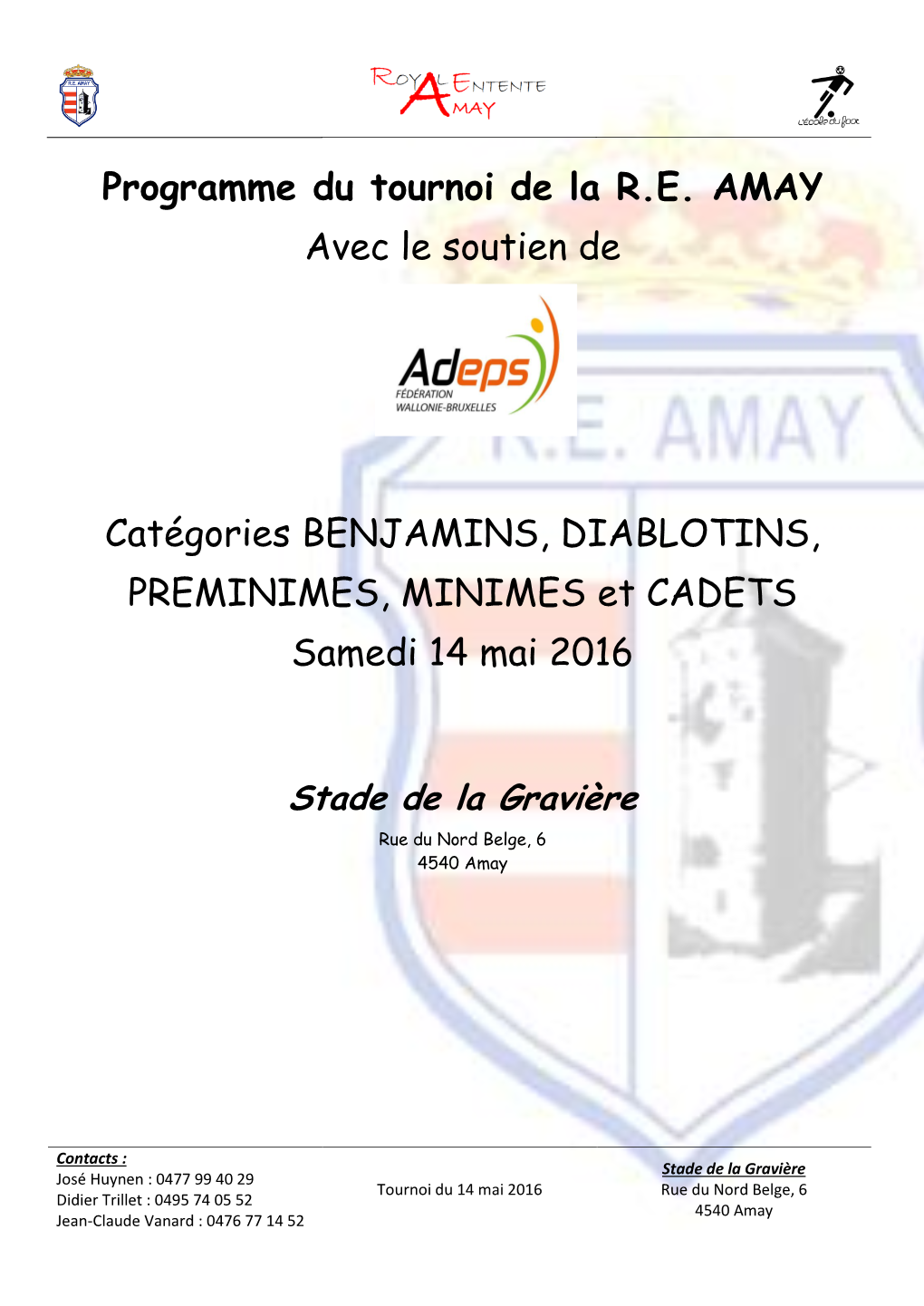 Programme Du Tournoi De La R.E. AMAY Avec Le Soutien De
