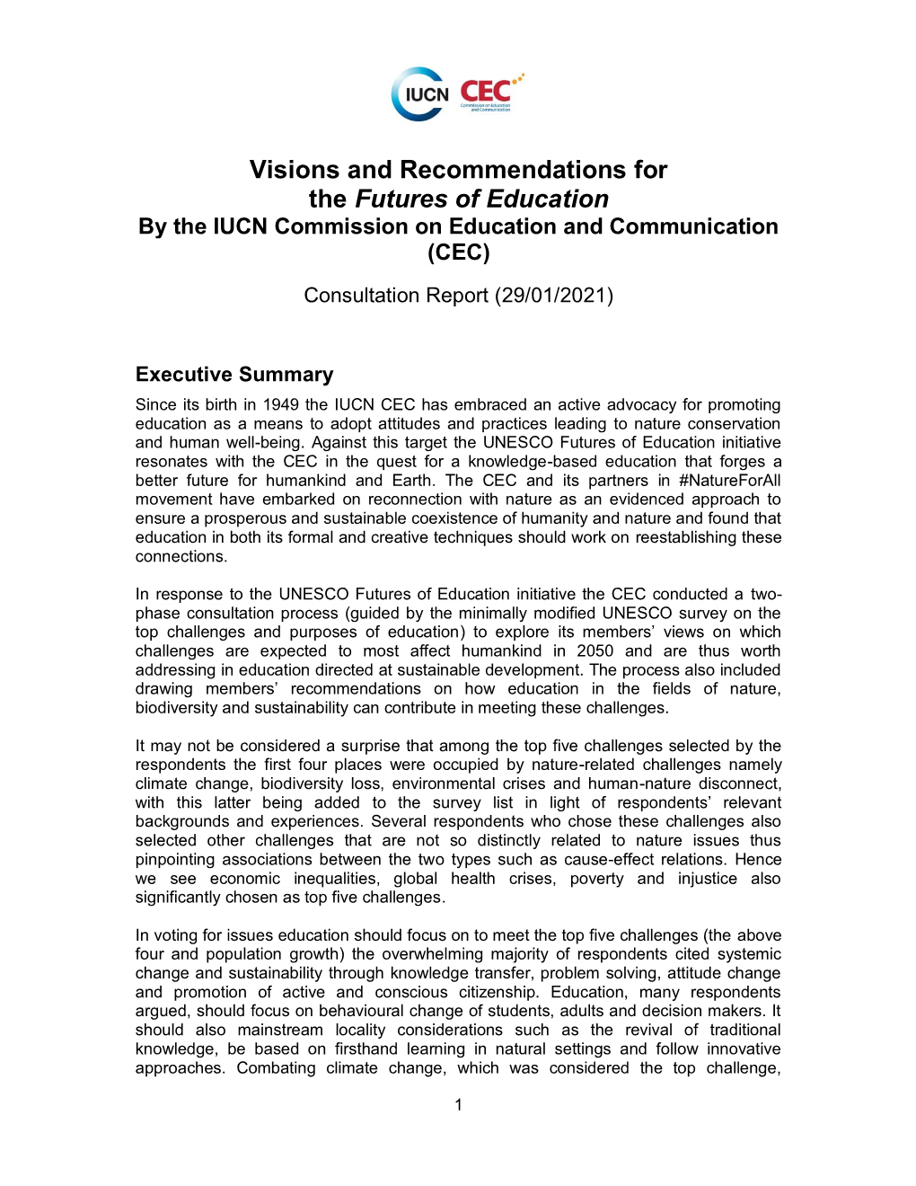 Visions and Recommendations for the Futures of Education by the IUCN Commission on Education and Communication (CEC)
