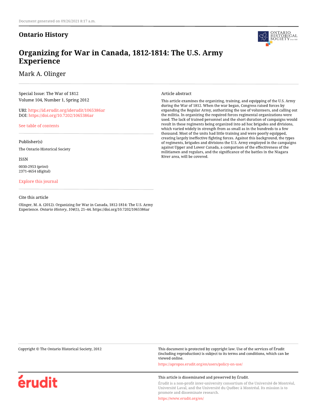 Organizing for War in Canada, 1812-1814: the U.S