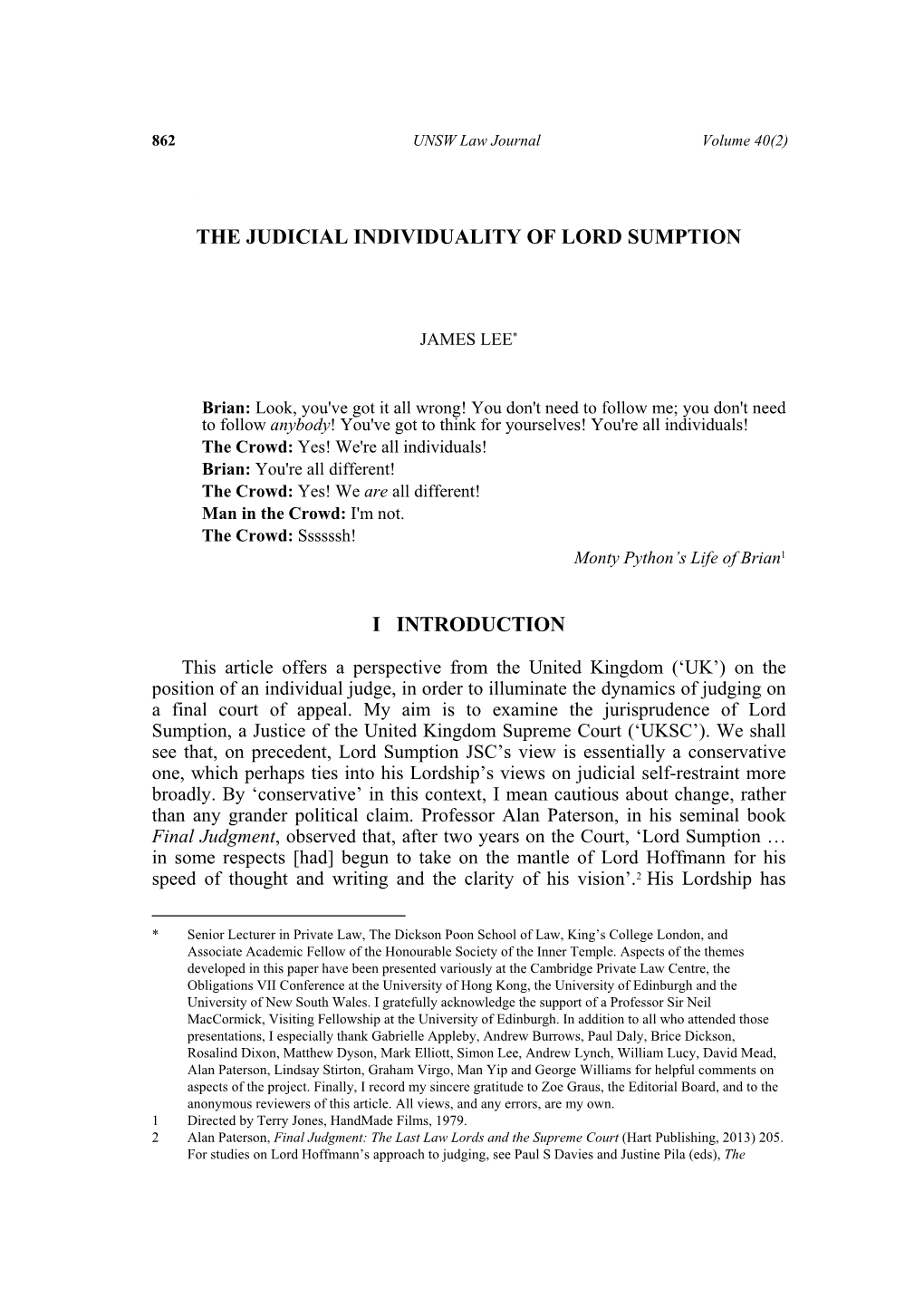 The Judicial Individuality of Lord Sum Tion I Introduction