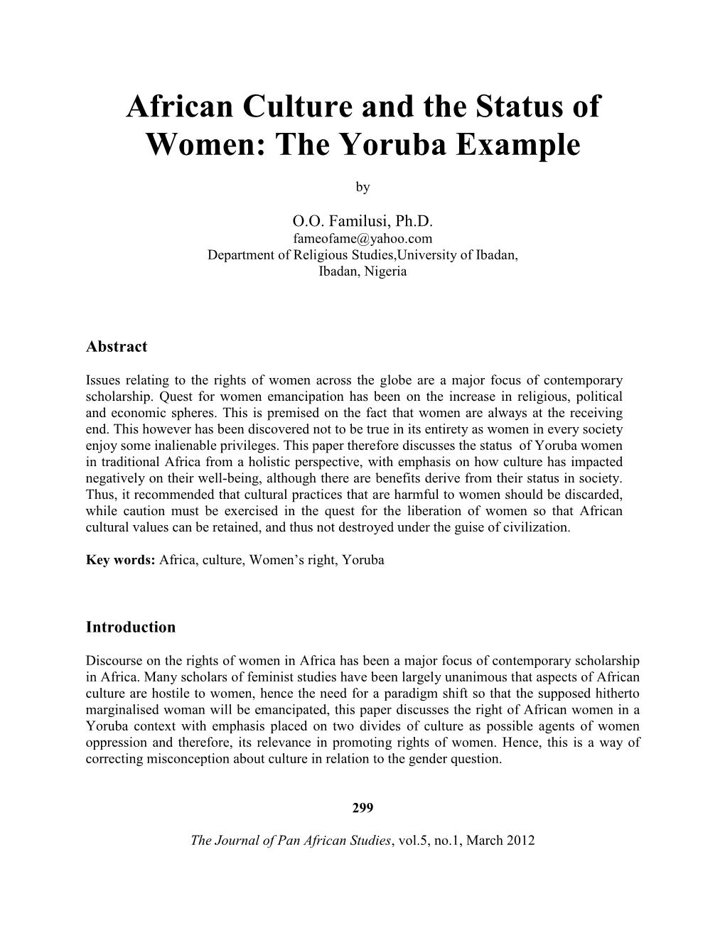 African Culture and the Status of Women: the Yoruba Example