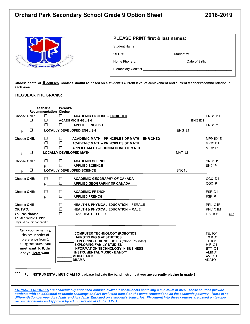 Sir Allan Macnab Secondary School Grade 9 Option Sheet 2009-2010