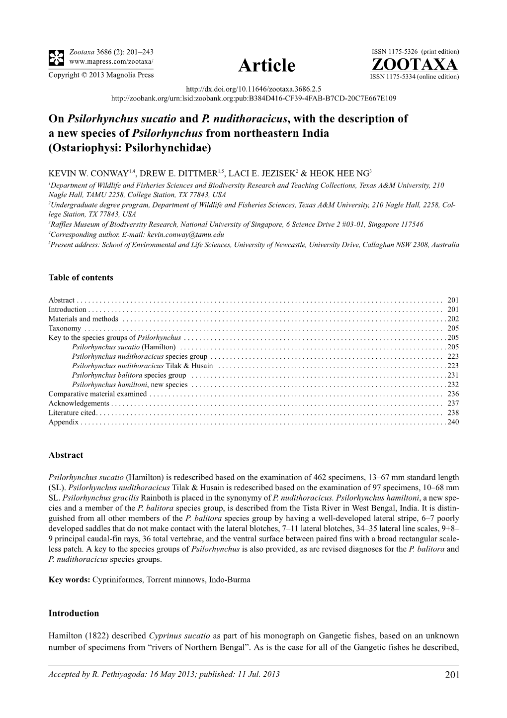 On Psilorhynchus Sucatio and P. Nudithoracicus, with the Description of a New Species of Psilorhynchus from Northeastern India (Ostariophysi: Psilorhynchidae)