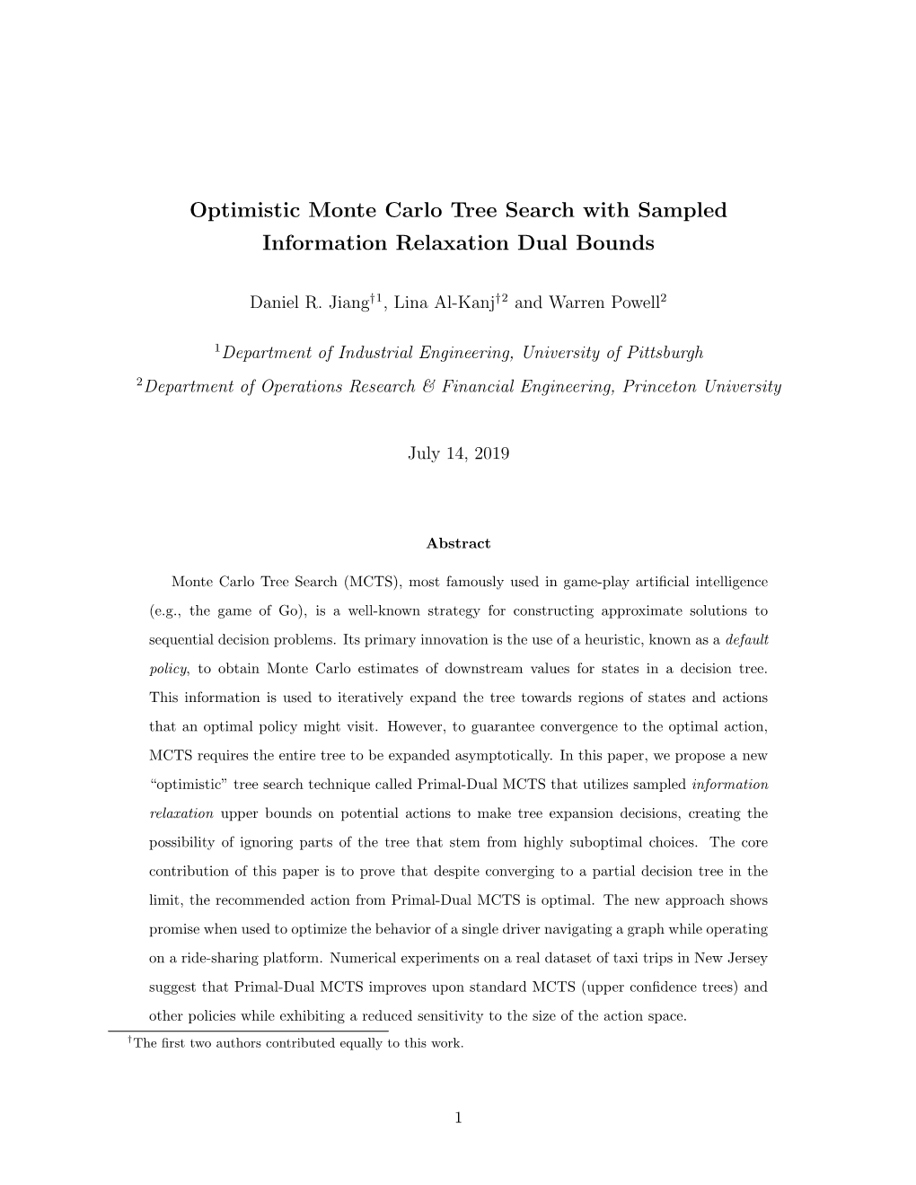 Optimistic Monte Carlo Tree Search with Sampled Information Relaxation Dual Bounds