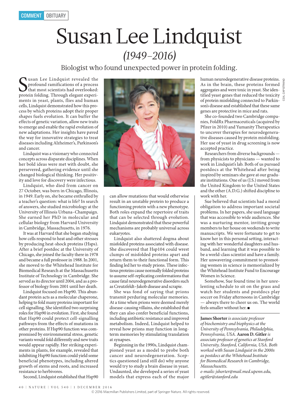 Susan Lee Lindquist (1949–2016) Biologist Who Found Unexpected Power in Protein Folding