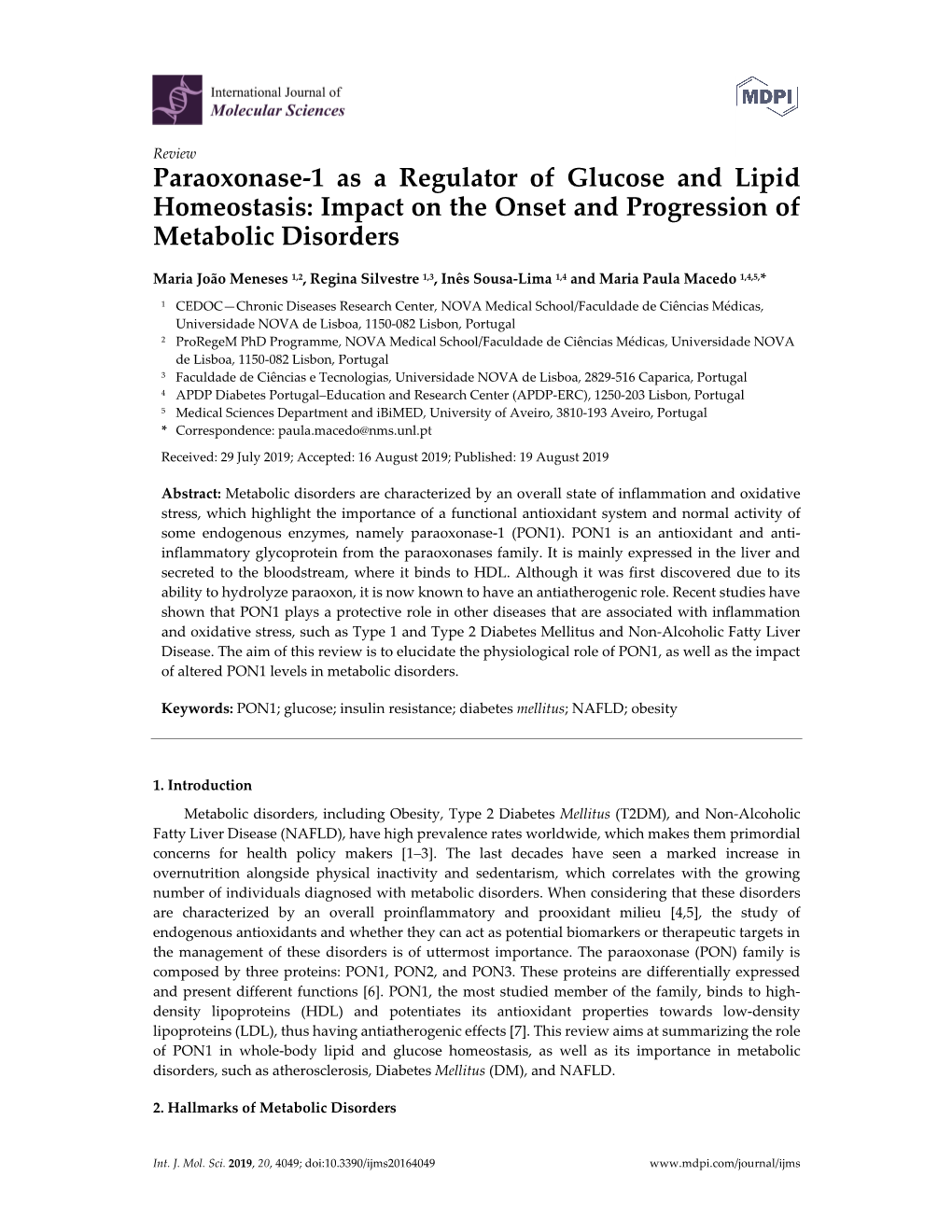 Paraoxonase-1 As a Regulator of Glucose and Lipid Homeostasis: Impact on the Onset and Progression of Metabolic Disorders