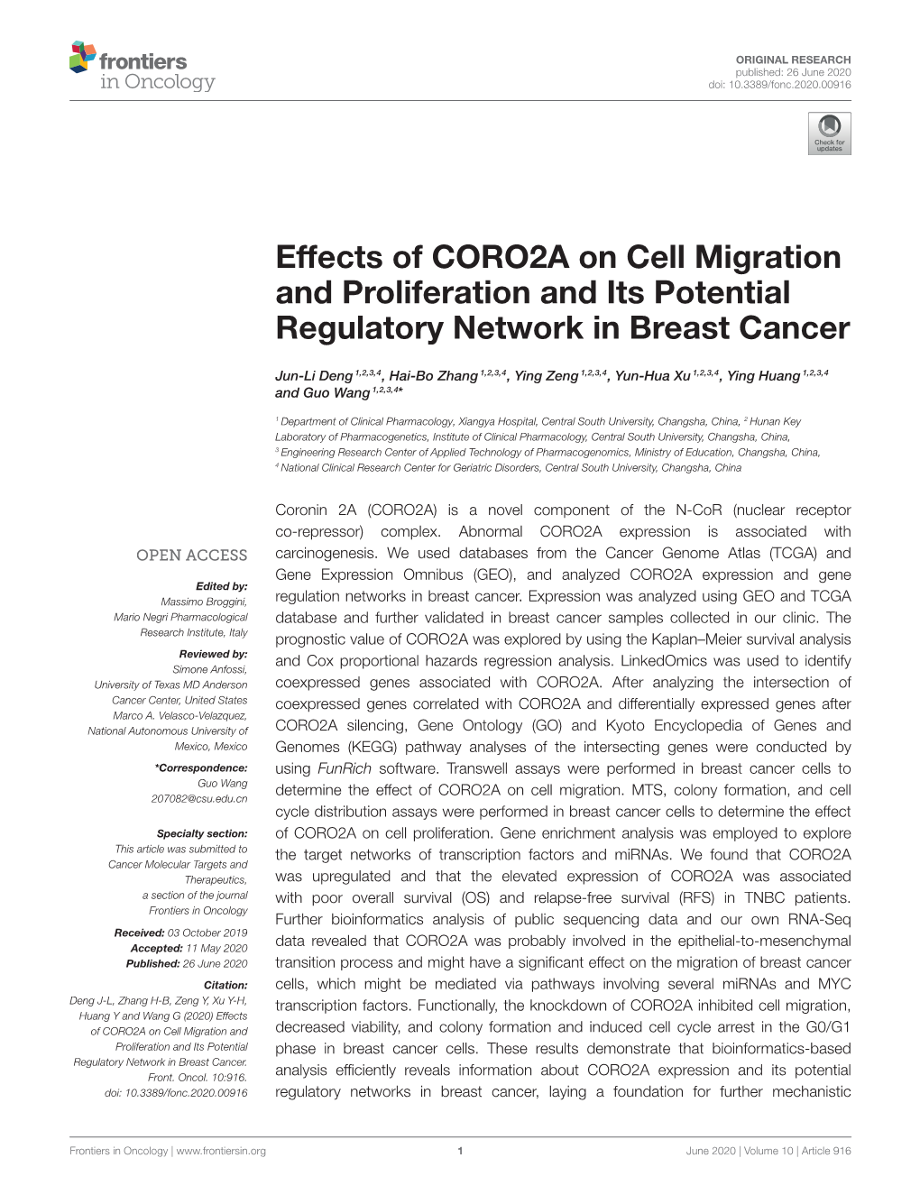 Effects of CORO2A on Cell Migration and Proliferation and Its Potential Regulatory Network in Breast Cancer