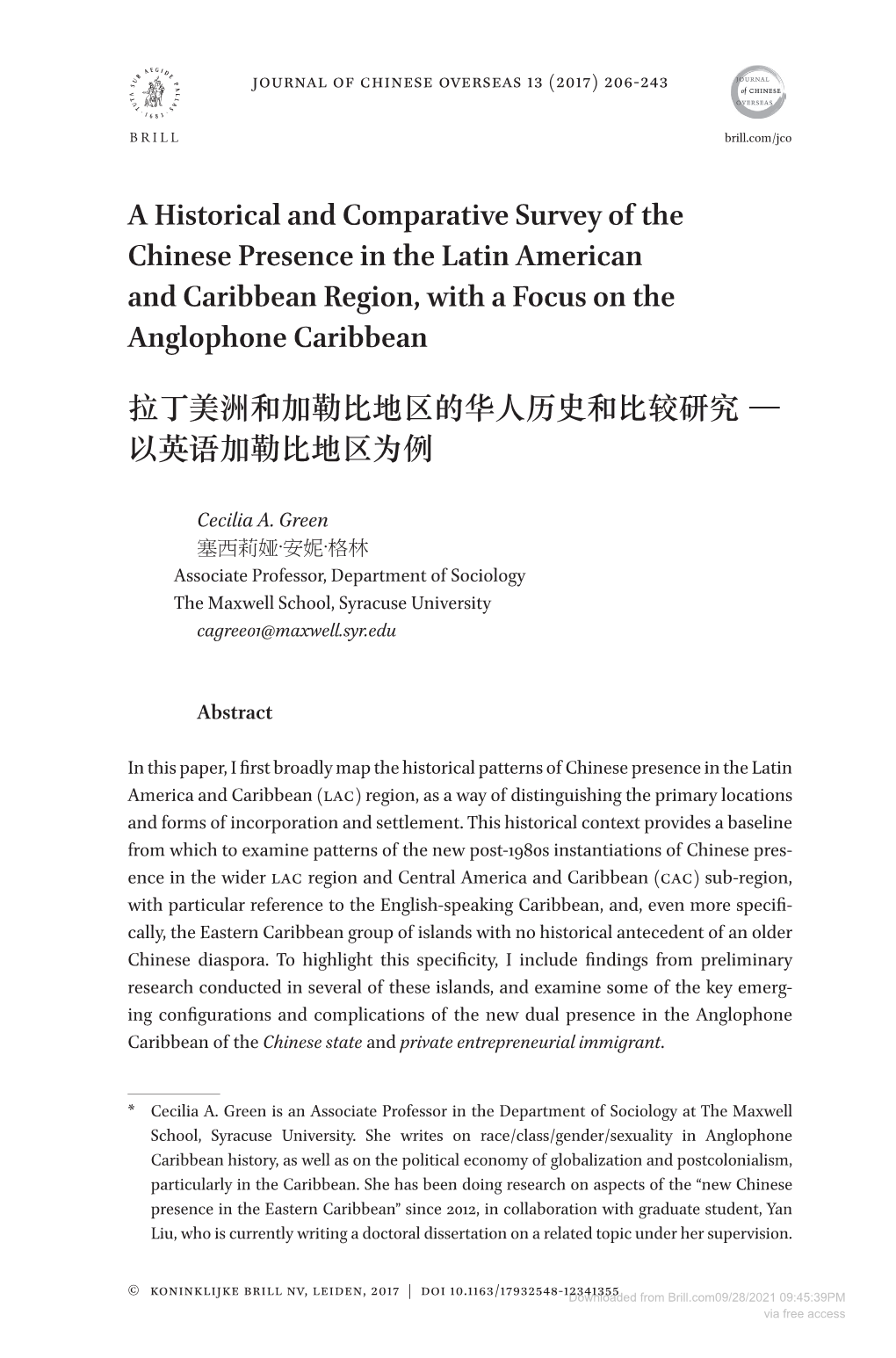 A Historical and Comparative Survey of the Chinese Presence in the Latin American and Caribbean Region, with a Focus on the Anglophone Caribbean