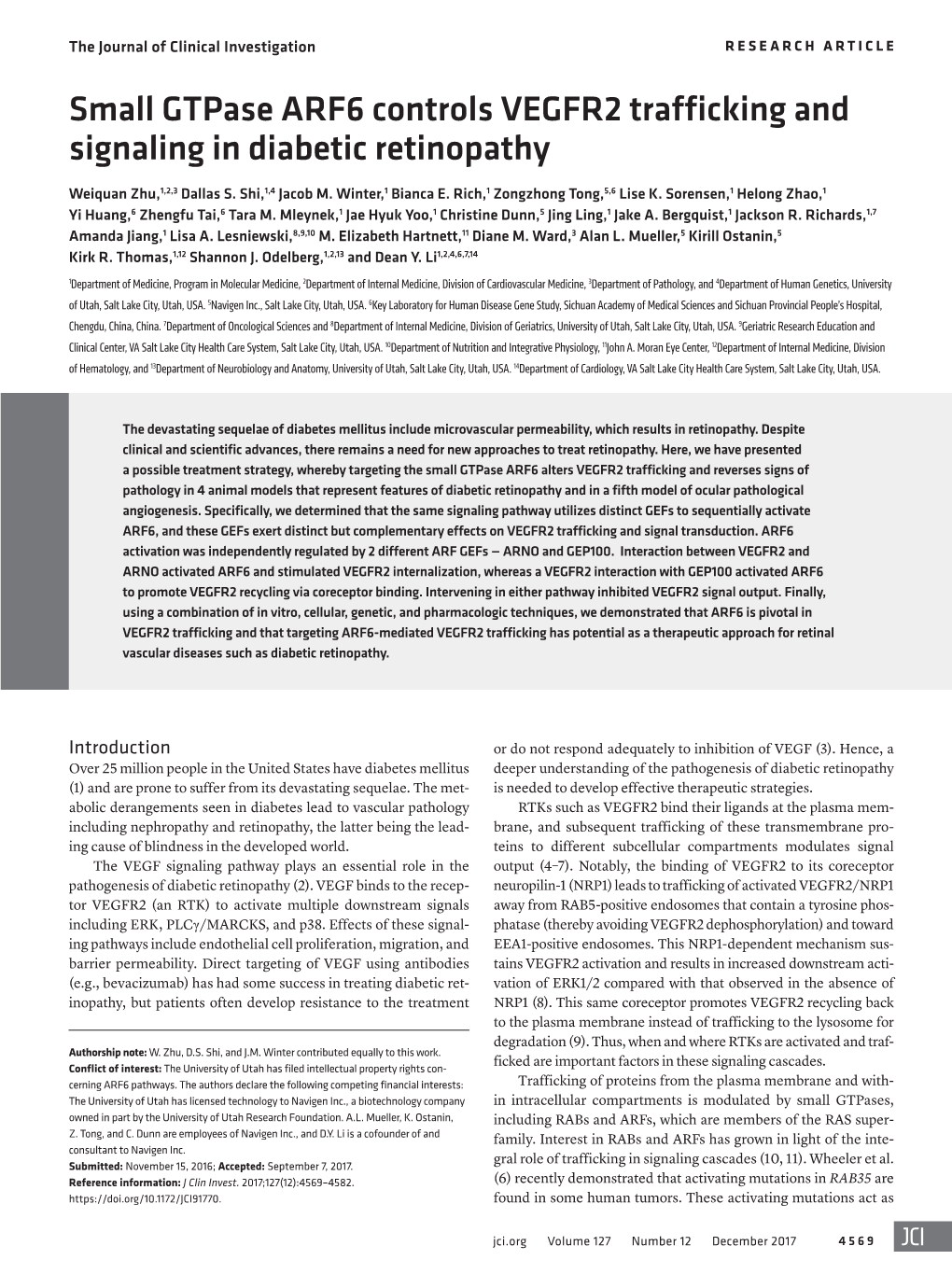 Small Gtpase ARF6 Controls VEGFR2 Trafficking and Signaling in Diabetic Retinopathy