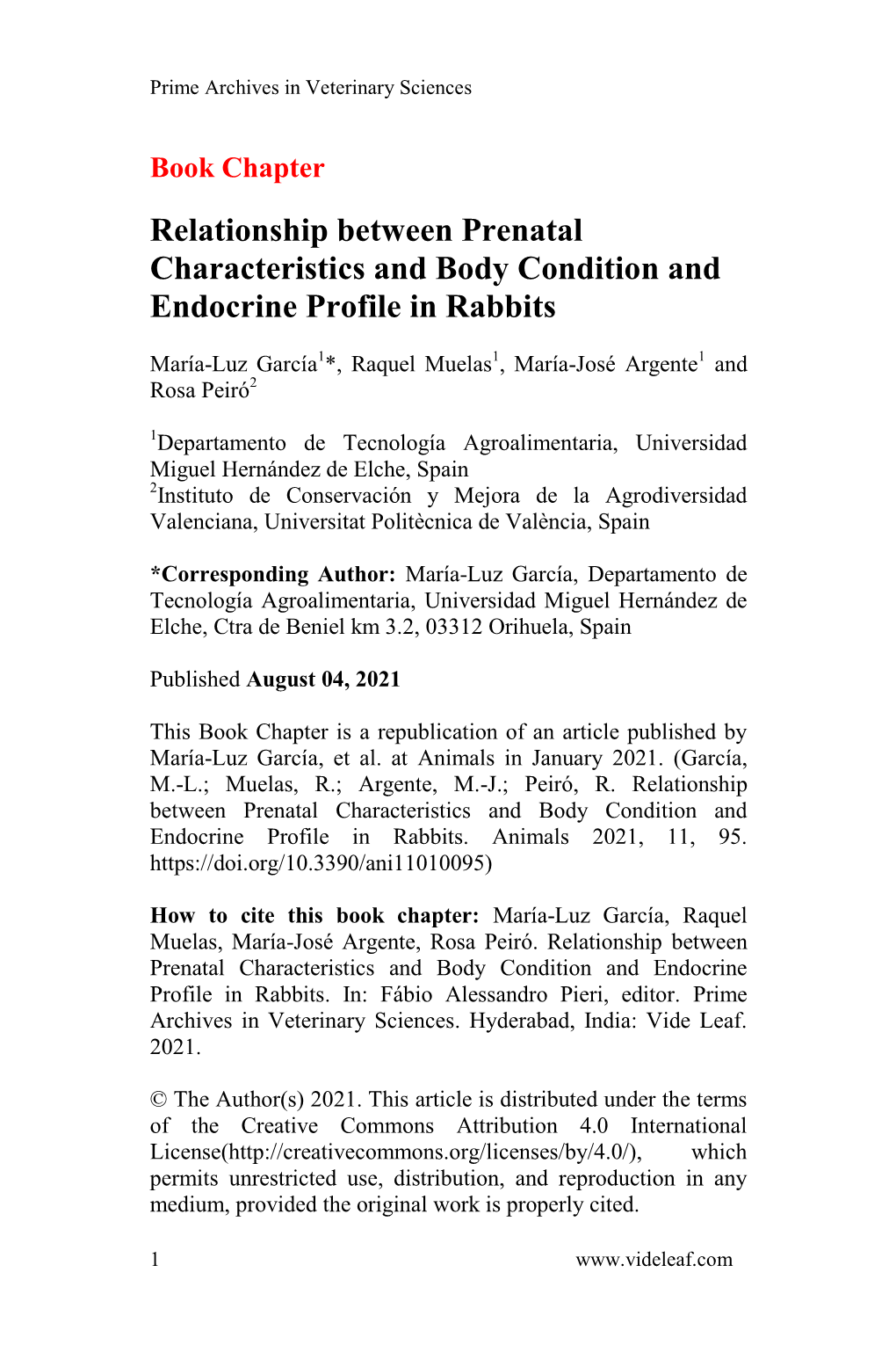 Relationship Between Prenatal Characteristics and Body Condition and Endocrine Profile in Rabbits