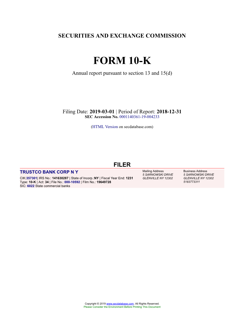 TRUSTCO BANK CORP N Y Form 10-K Annual Report Filed 2019-03-01
