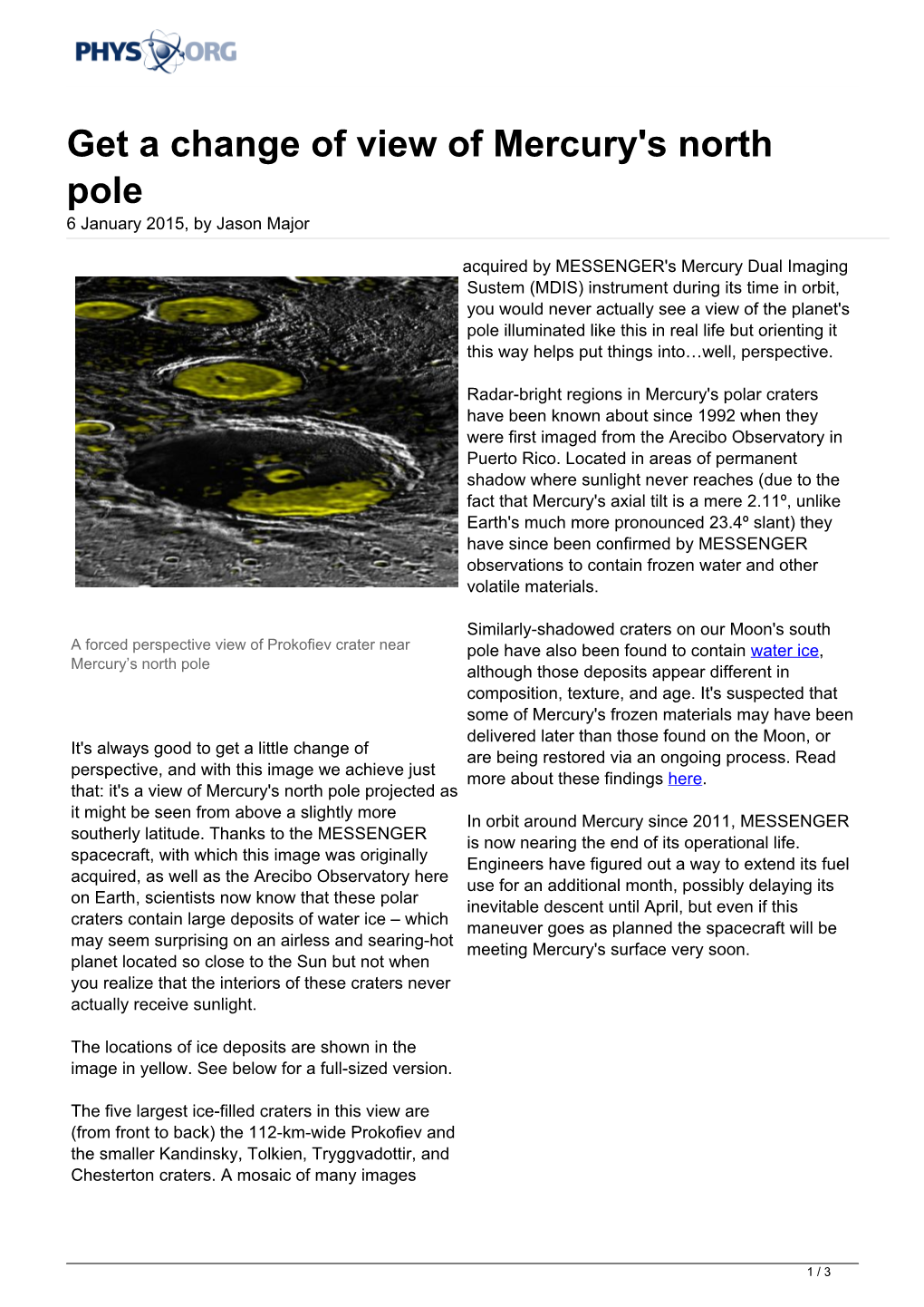 Get a Change of View of Mercury's North Pole 6 January 2015, by Jason Major