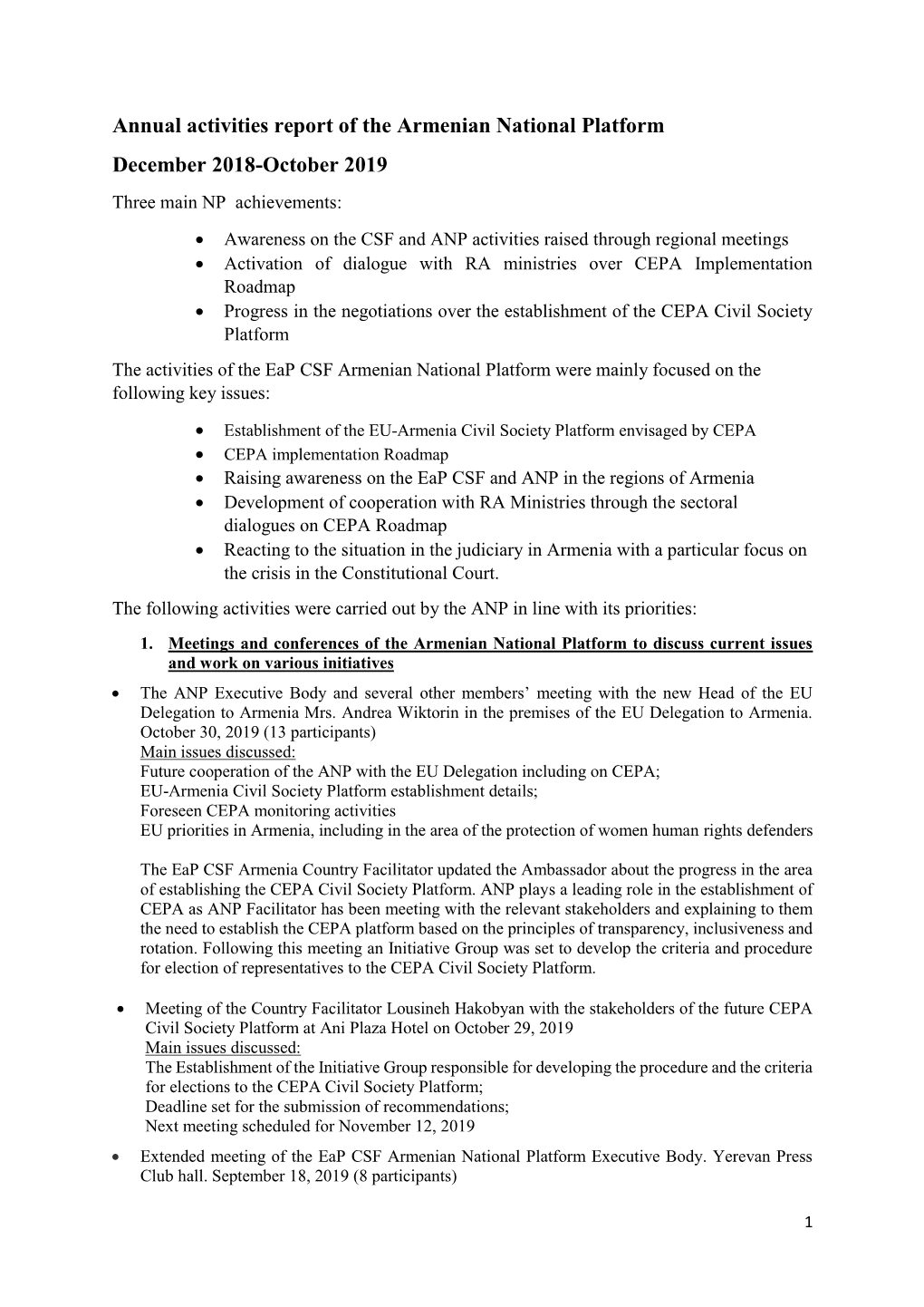 Annual Activities Report of the Armenian National Platform December 2018-October 2019