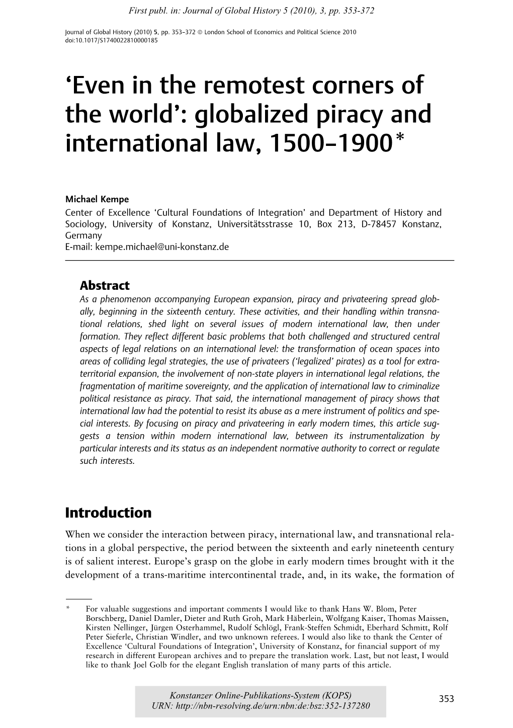 Globalized Piracy and International Law, 1500–1900*