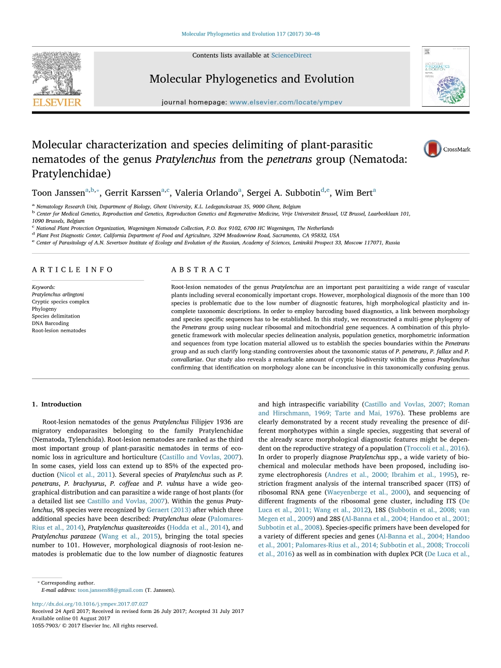 Molecular Characterization and Species Delimiting of Plant-Parasitic 0$5