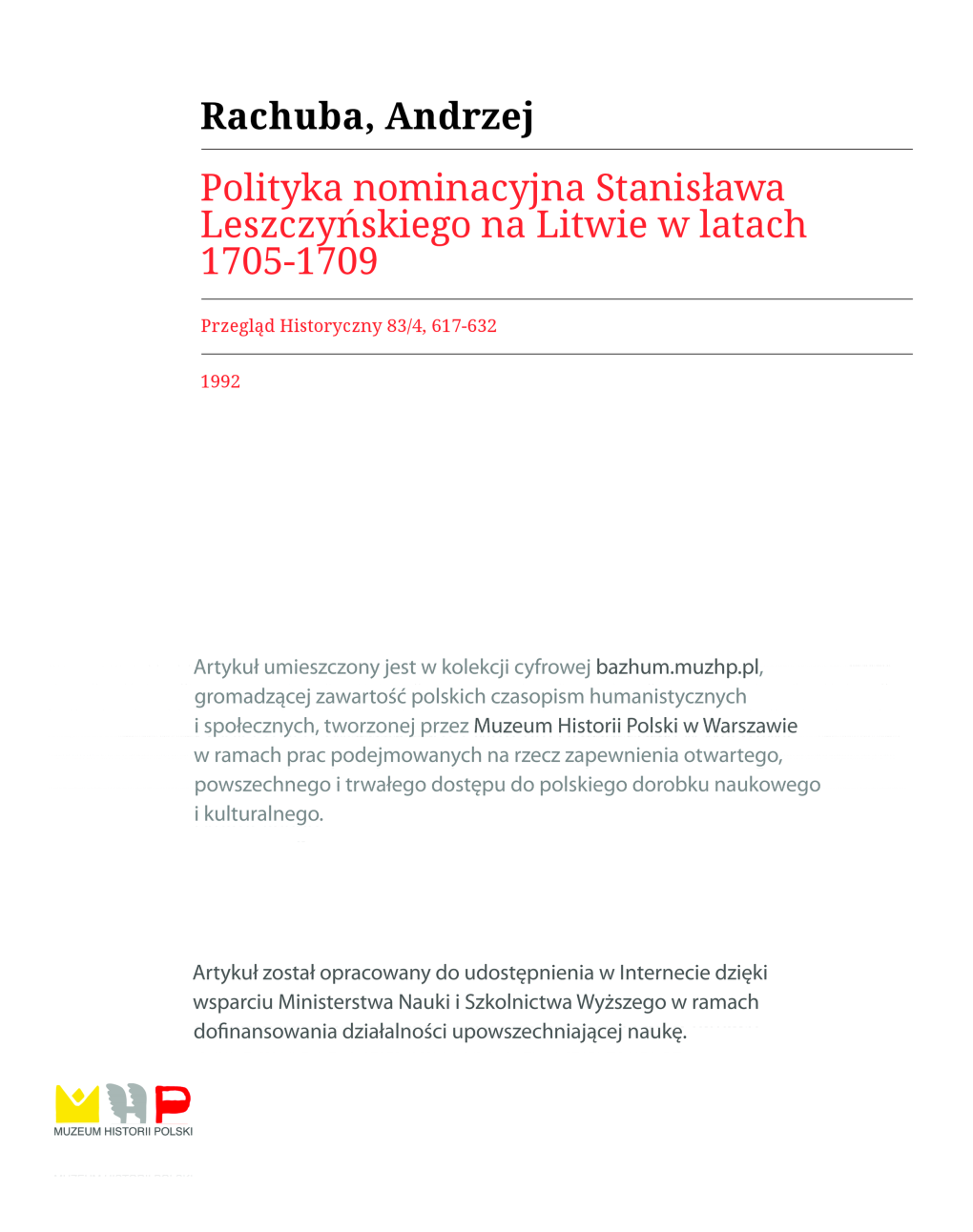 Polityka Nominacyjna Stanisława Leszczyńskiego Na Litwie W Latach 1705-1709