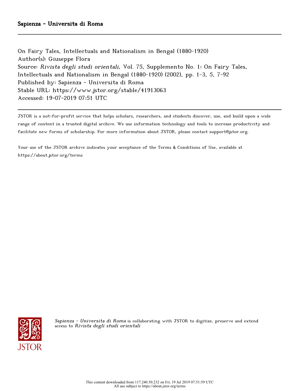 On Fairy Tales, Intellectuals and Nationalism in Bengal (1880-1920) Author(S): Giuseppe Flora Source: Rivista Degli Studi Orientali, Vol