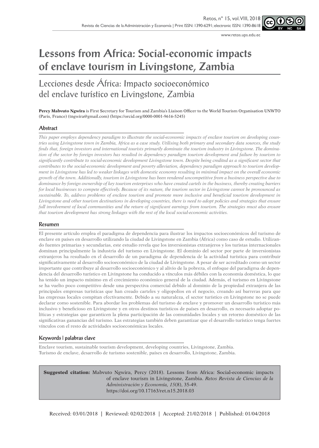 Social-Economic Impacts of Enclave Tourism in Livingstone, Zambia Lecciones Desde África: Impacto Socioeconómico Del Enclave Turístico En Livingstone, Zambia