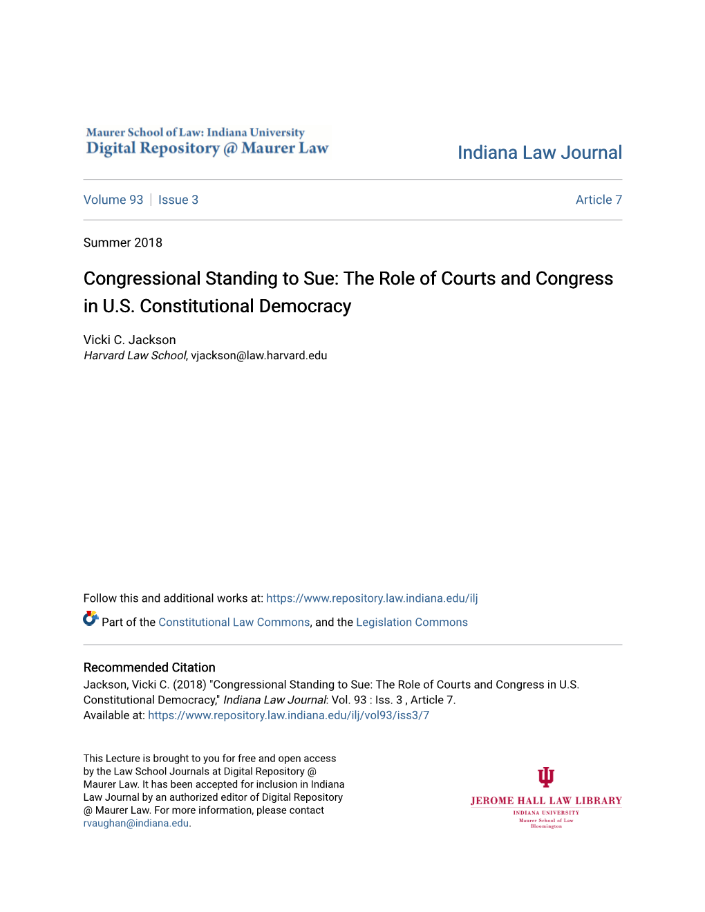 Congressional Standing to Sue: the Role of Courts and Congress in U.S